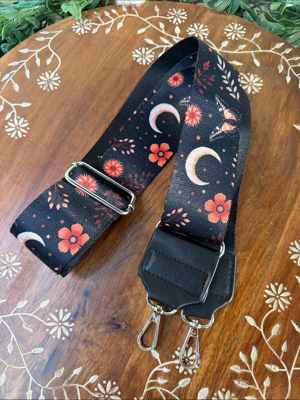 Adjustable Black Floral & Crescent Moon Crossbody Strap